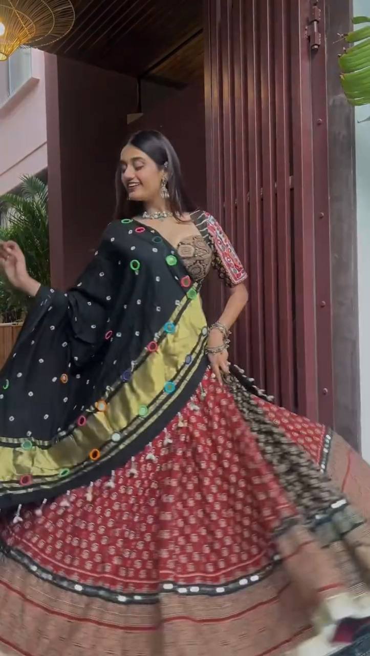 Full Stitched Printed Rayon Lehenga Choli with Real Mirror Work & Dupatta
