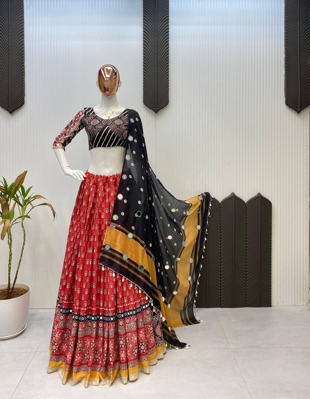 Full Stitched Printed Rayon Lehenga Choli with Real Mirror Work & Dupatta