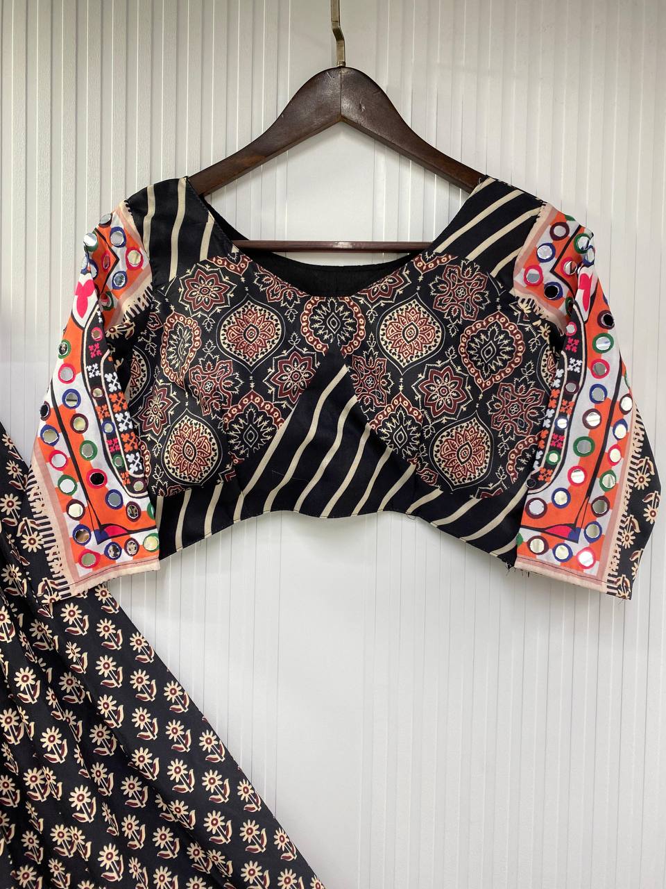 Full Stitched Printed Rayon Lehenga Choli with Real Mirror Work & Dupatta