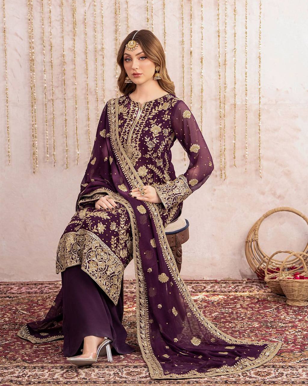 Georgette Kurta Plazzo Set with Sequence Embroidery & Dupatta