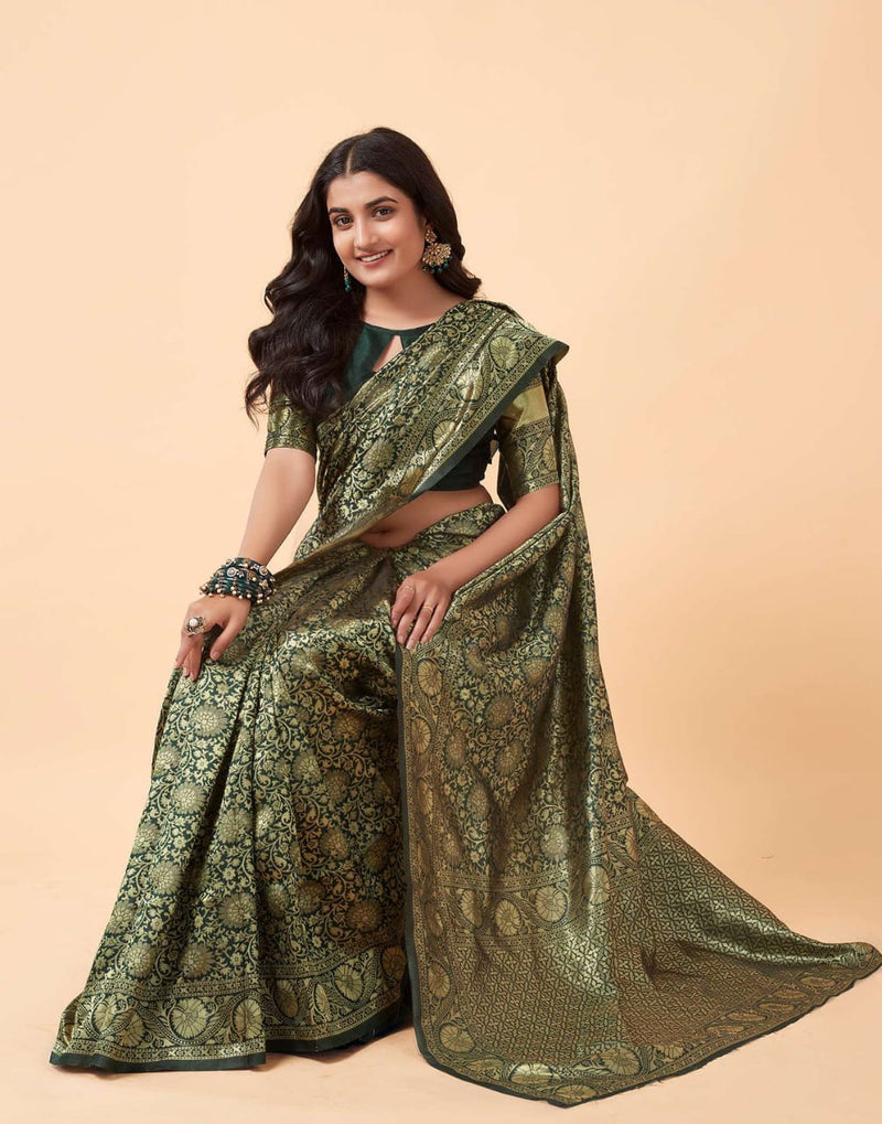 Green Banarasi Soft Semi Silk Saree With Blouse Piece For Womens