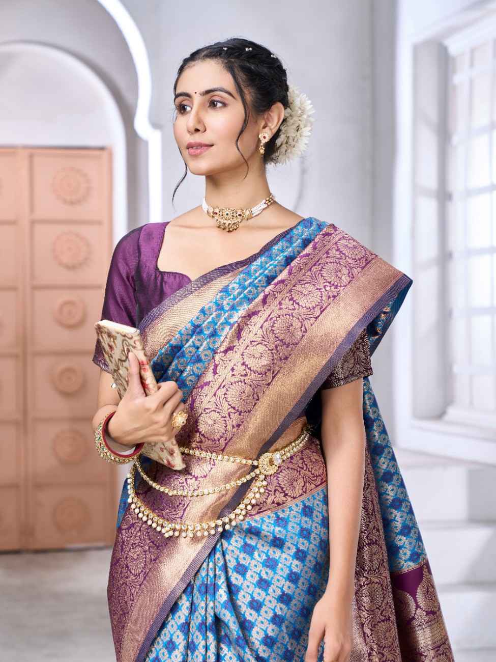 Woman wearing a traditional saree with a purple and blue pattern in an indoor setting.