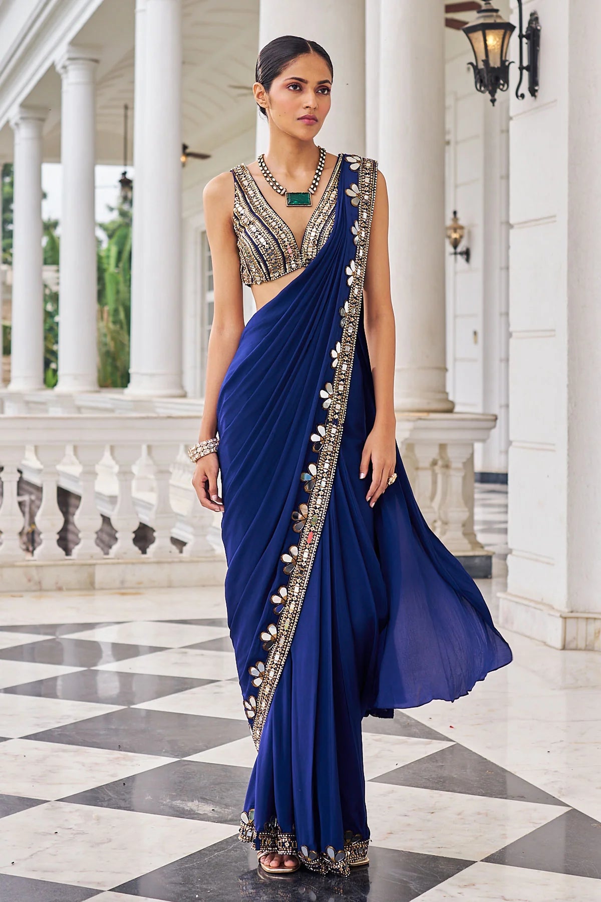 Premium Faux Georgette Ready-to-Wear Saree | Real Mirror Work
