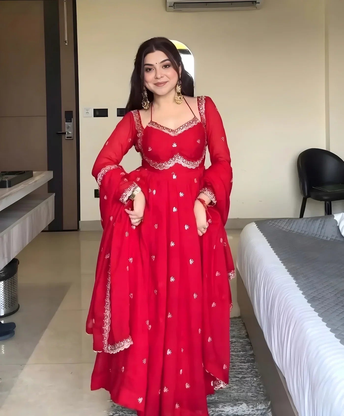 Designer Faux Georgette Embroidered Top–Bottom Set with Dupatta