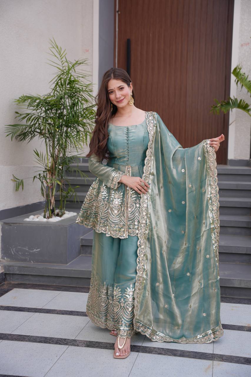 Premium Two Tone Fandy Silk Kurti–Plazzo–Dupatta Set | Designer Party Wear