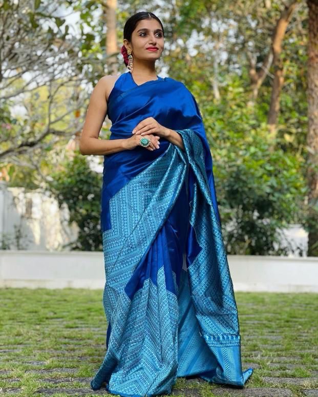 Printed Banarasi Cotton Silk Saree (Blue)