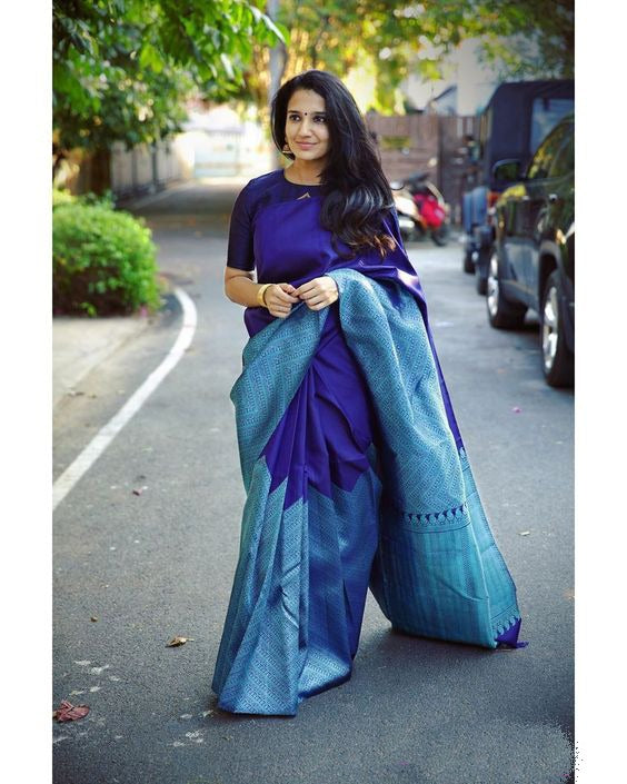 Printed Banarasi Cotton Silk Saree (Blue)
