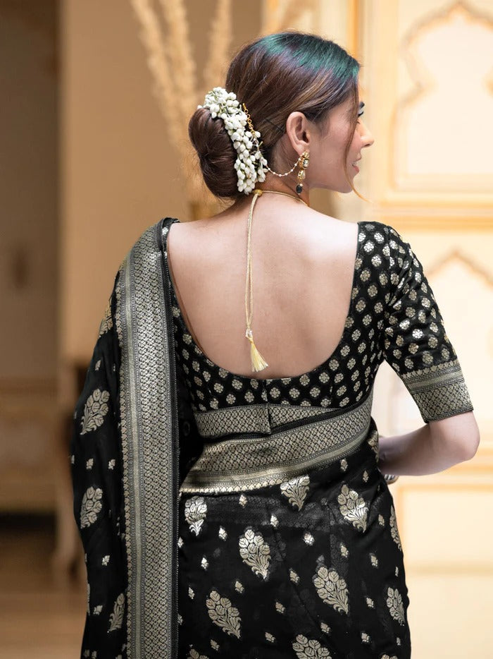Printed Banarasi Georgette Zari Buta (Black)