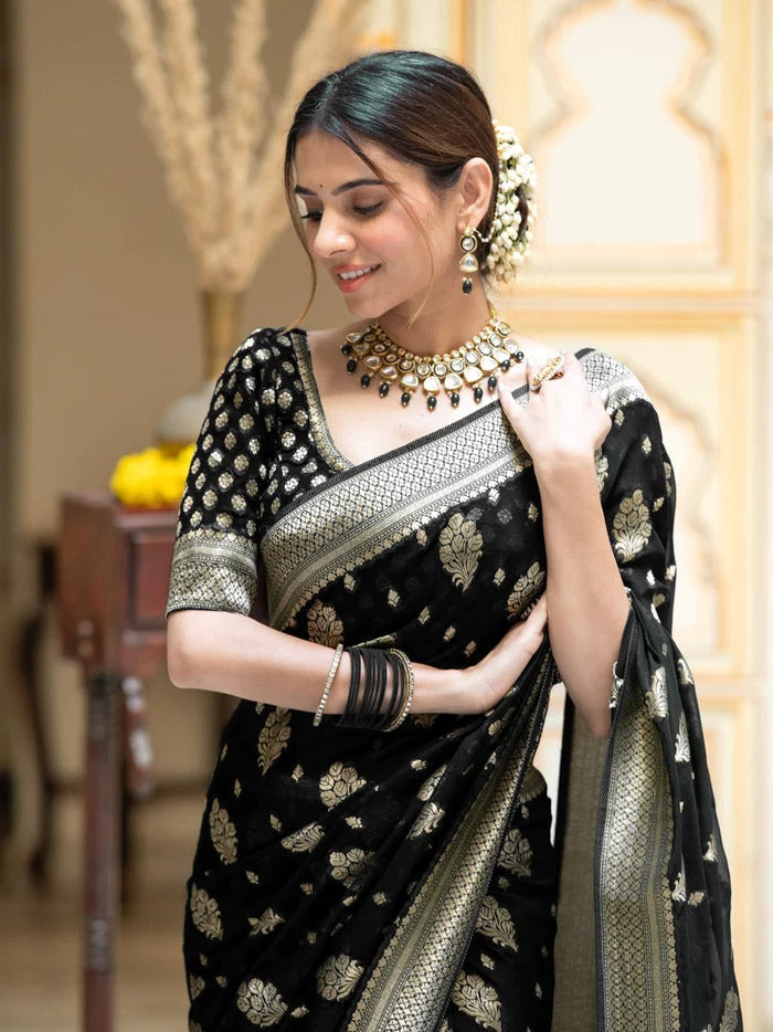 Printed Banarasi Georgette Zari Buta (Black)
