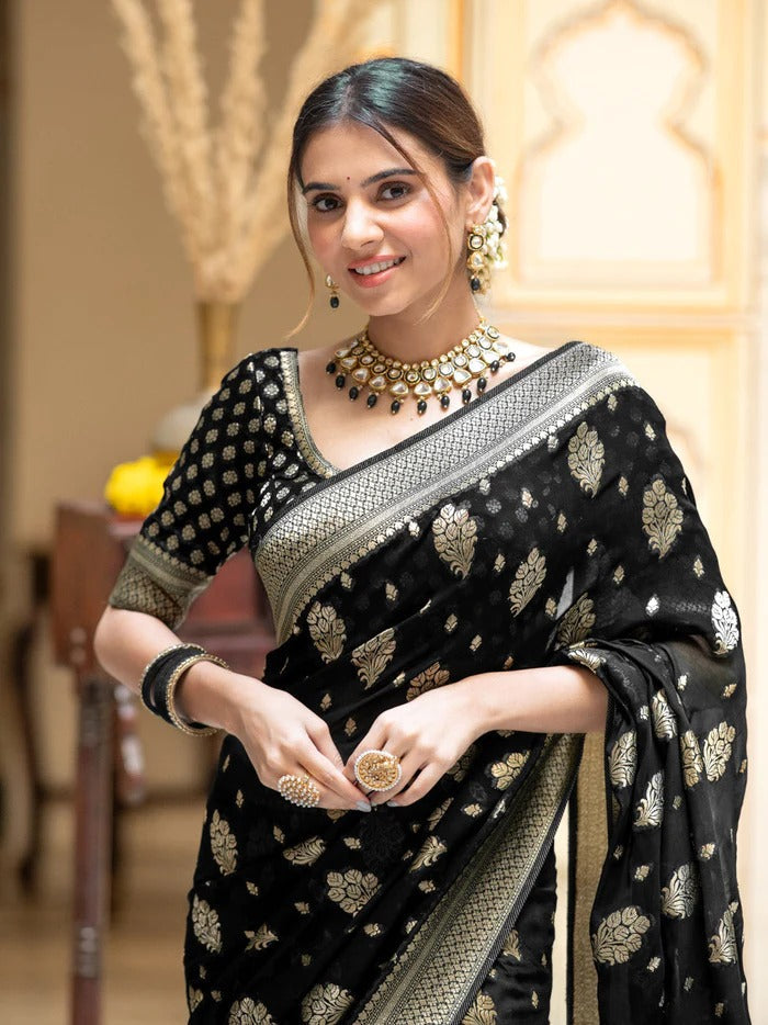 Printed Banarasi Georgette Zari Buta (Black)