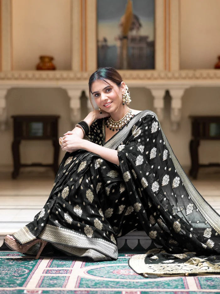 Printed Banarasi Georgette Zari Buta (Black)