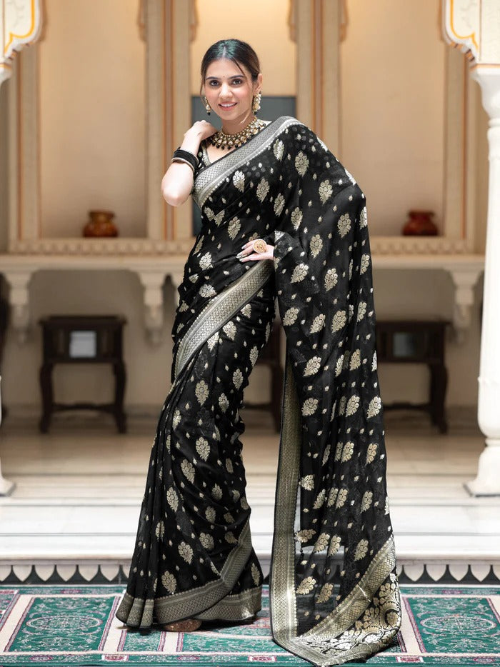 Printed Banarasi Georgette Zari Buta (Black)