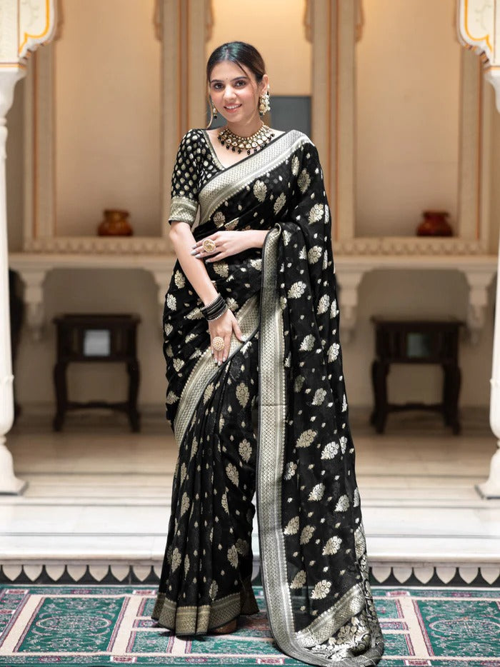 Printed Banarasi Georgette Zari Buta (Black)