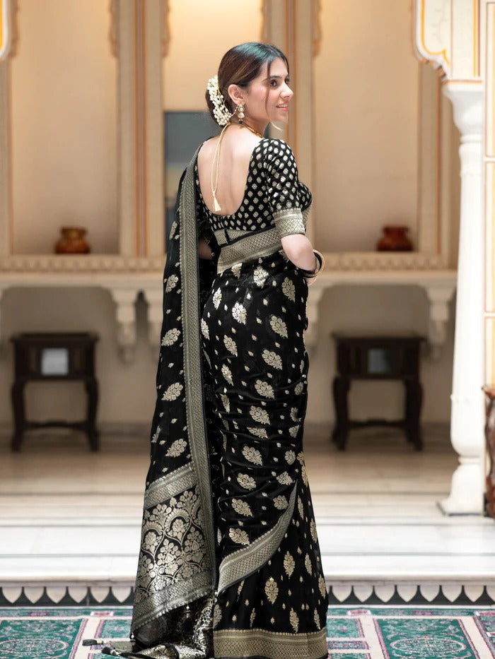 Printed Banarasi Georgette Zari Buta (Black)