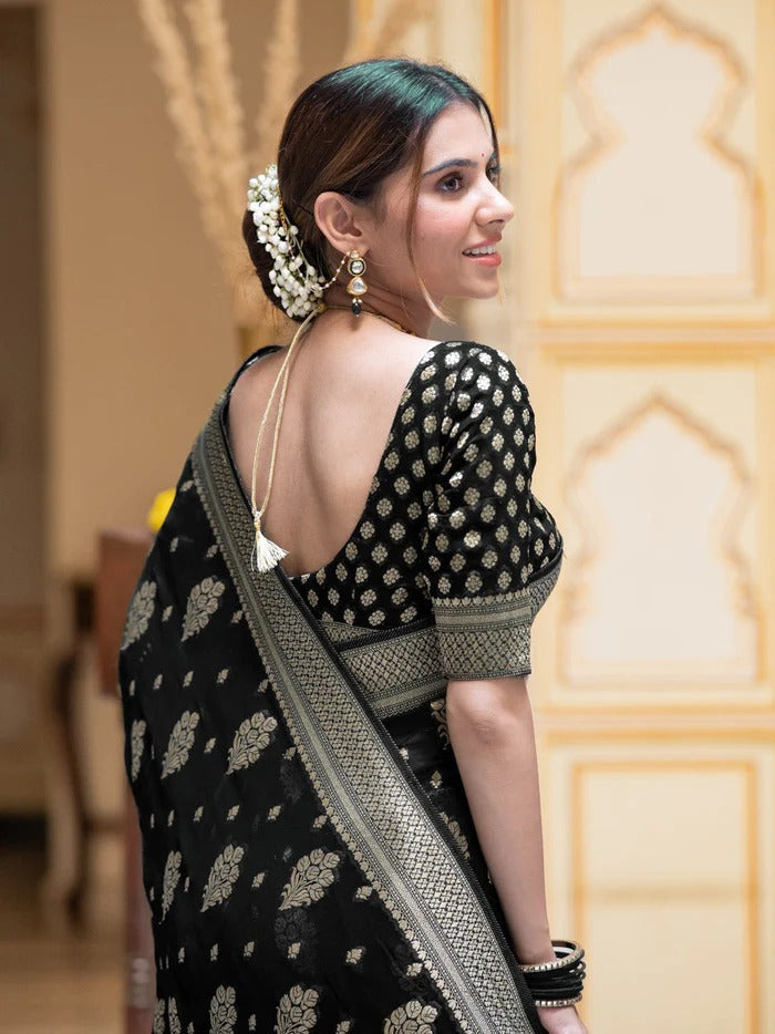 Printed Banarasi Georgette Zari Buta (Black)