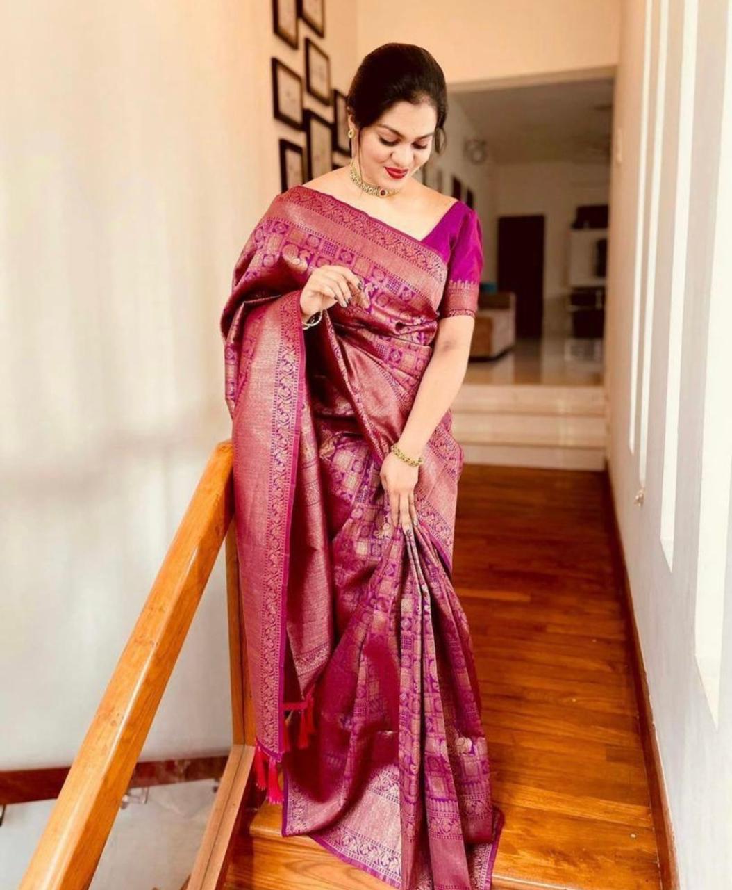 Purple Kanjivaram Silk Saree with Zari & Booti Work