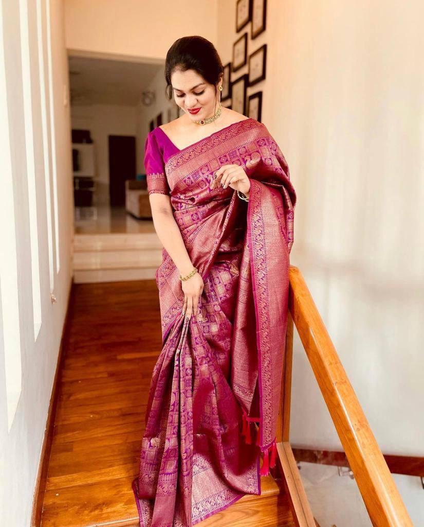 Purple Kanjivaram Silk Saree with Zari & Booti Work