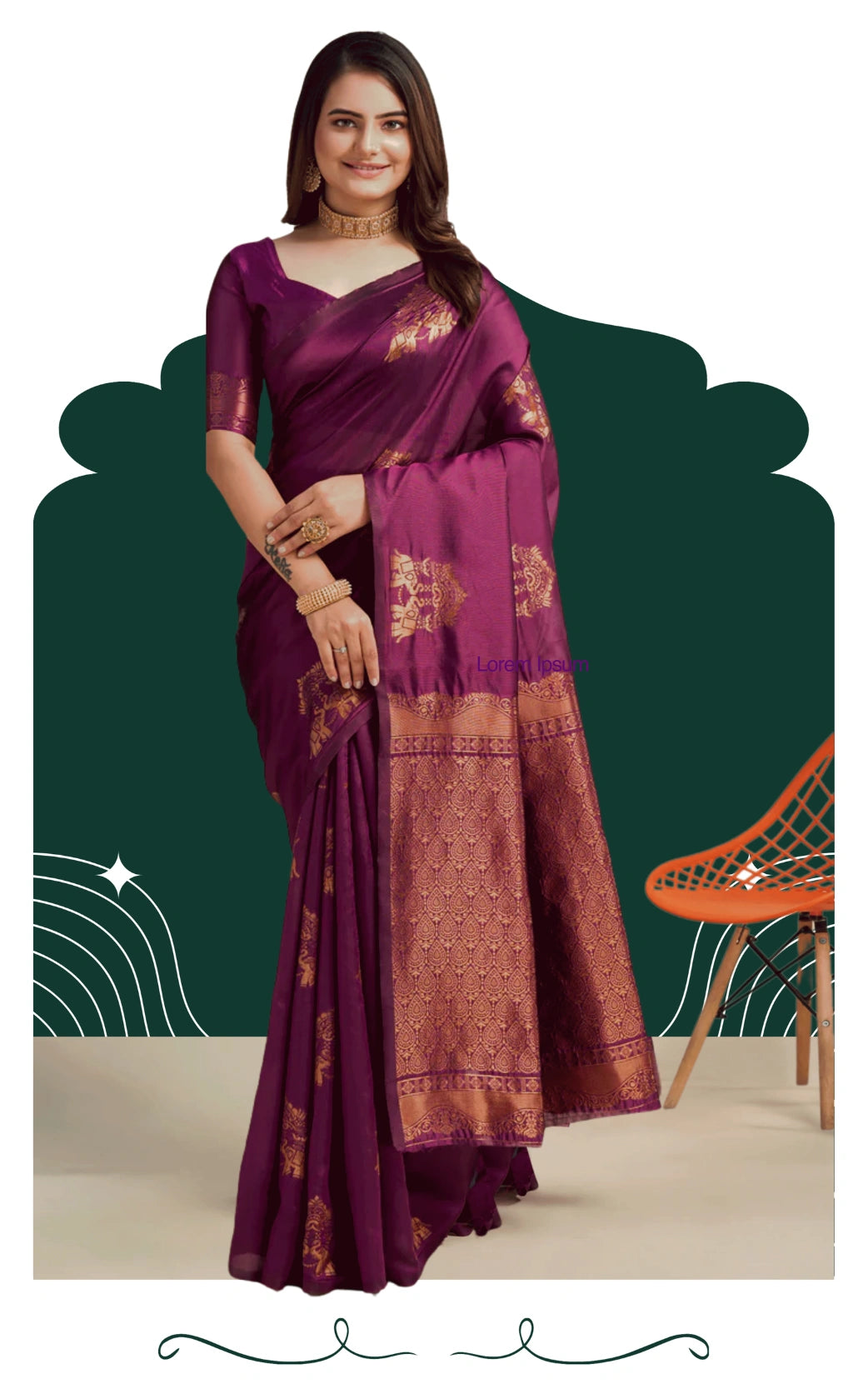 Woman in a traditional maroon saree with gold patterns against an ornate wall.