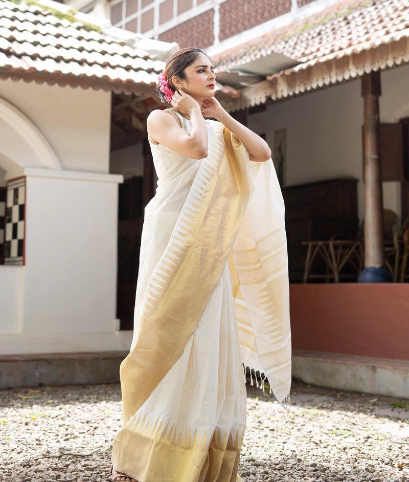 Self Design Banarasi Jacquard Saree  (Cream)
