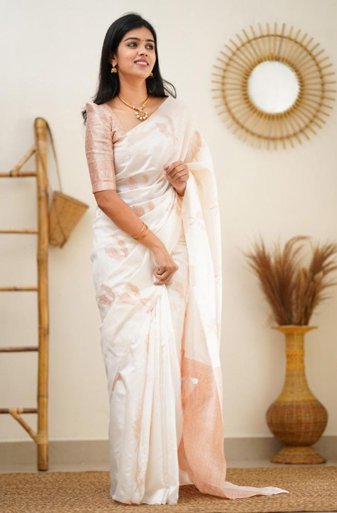 Self Design Banarasi Pure Silk Saree (White)