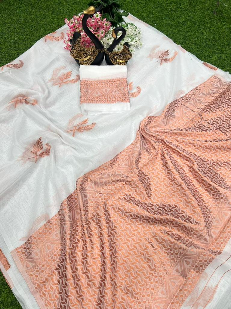 Self Design Banarasi Pure Silk Saree (White)