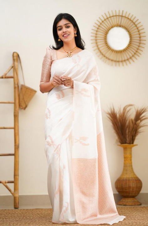 Self Design Banarasi Pure Silk Saree (White)