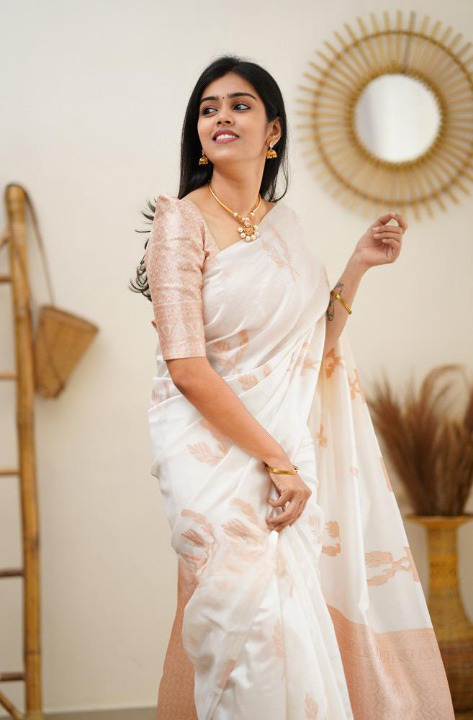 Self Design Banarasi Pure Silk Saree (White)