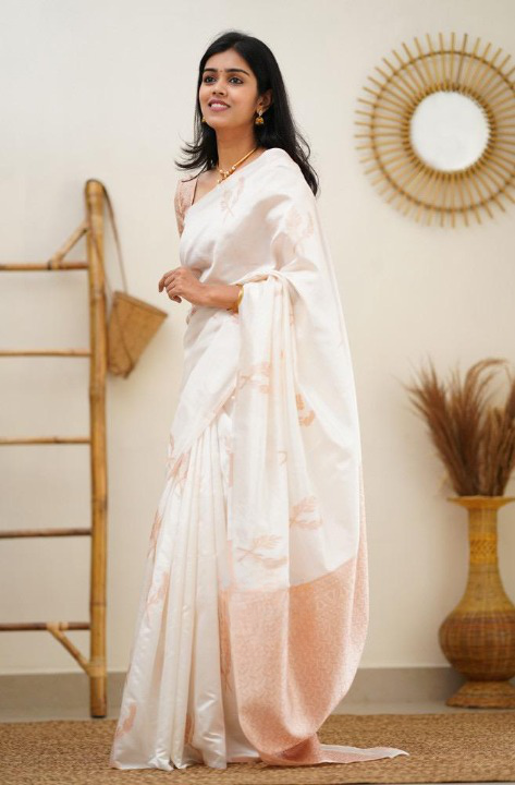 Self Design Banarasi Pure Silk Saree (White)