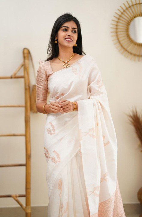 Self Design Banarasi Pure Silk Saree (White)