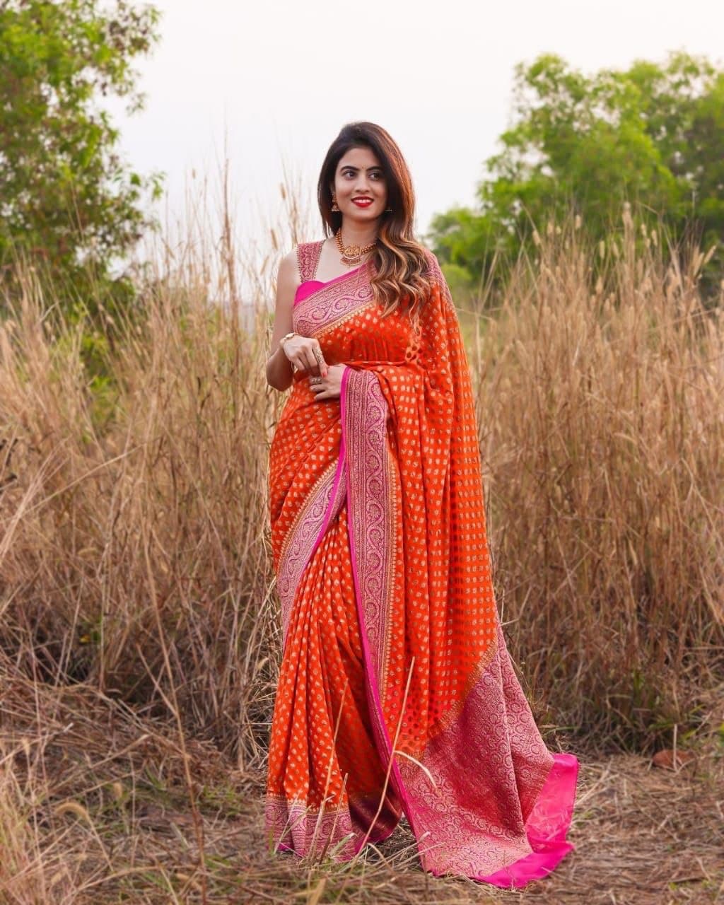 Self Design Kanjivaram Jacquard Saree  (Orange)