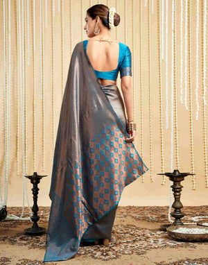 Woman wearing a blue and gray saree with a beige curtain background