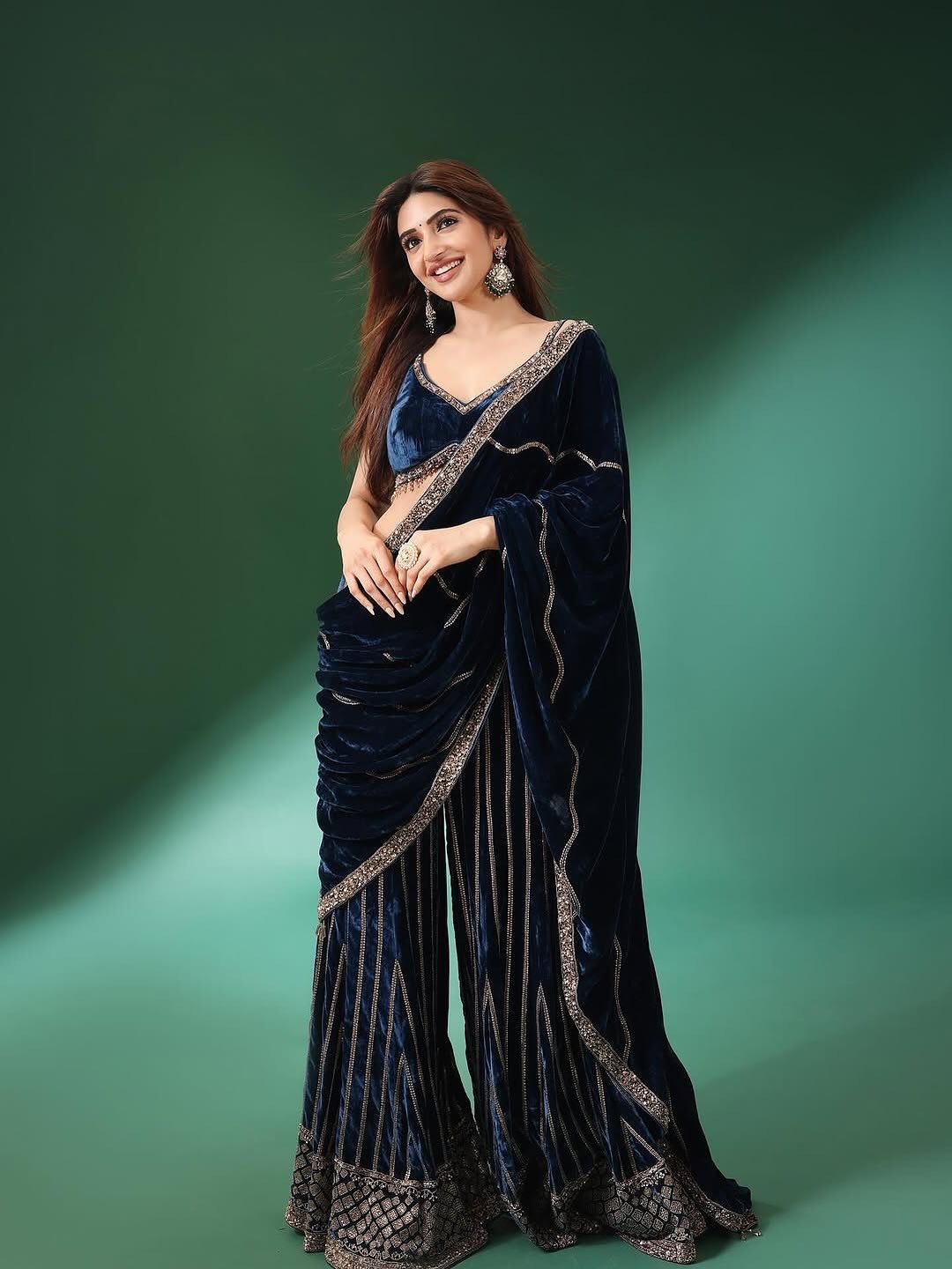 Celebrity-Inspired Velvet Plazzo–Blouse–Dupatta Set