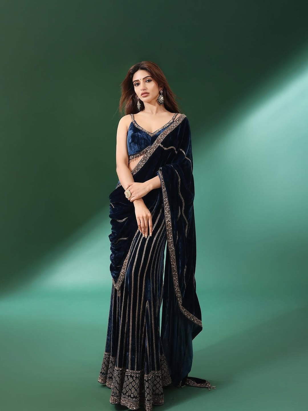 Celebrity-Inspired Velvet Plazzo–Blouse–Dupatta Set