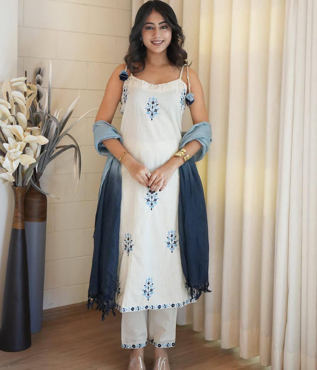 Stripped Kurti Pant Set with Embroidery & Printed Dupatta
