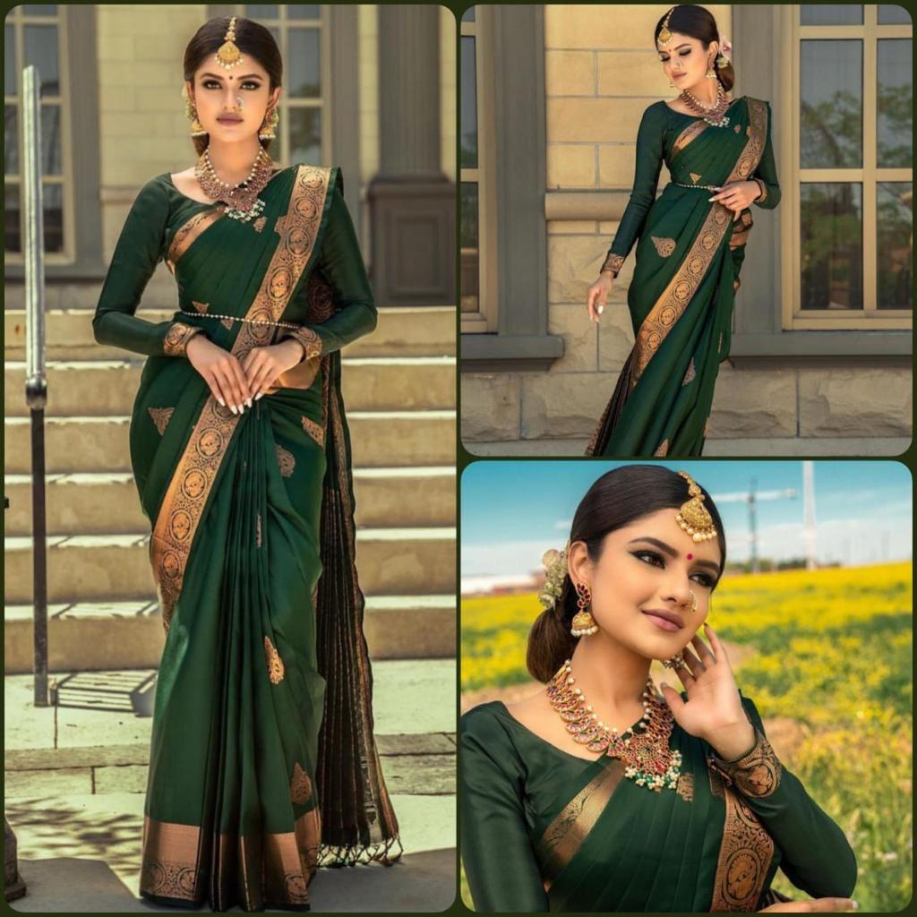 The Vuvea Woven Kanjivaram Silk Blend Jacquard Saree in Green