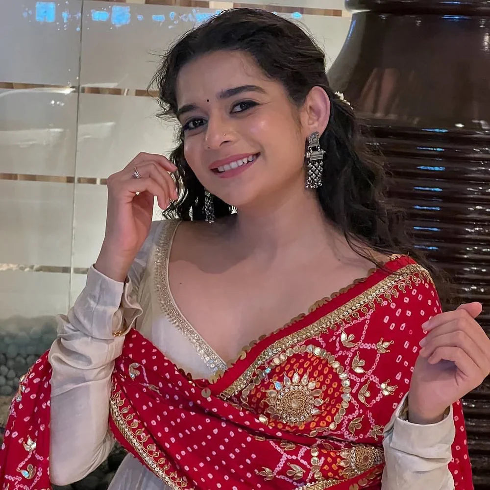 Designer Chinon Gown Set with Printed Bandhani Dupatta – 3 Piece