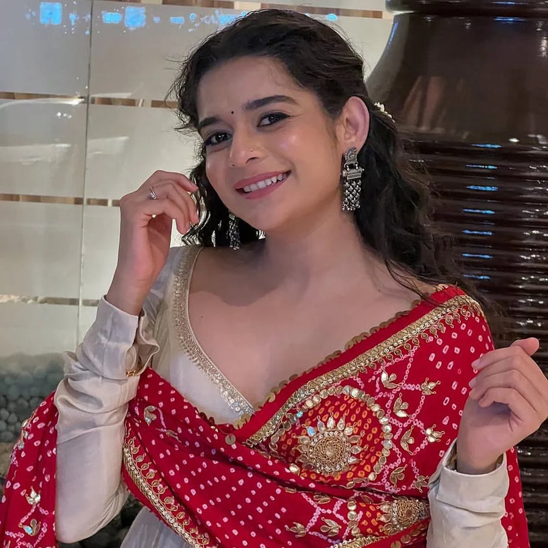 Designer Chinon Gown Set with Printed Bandhani Dupatta – 3 Piece