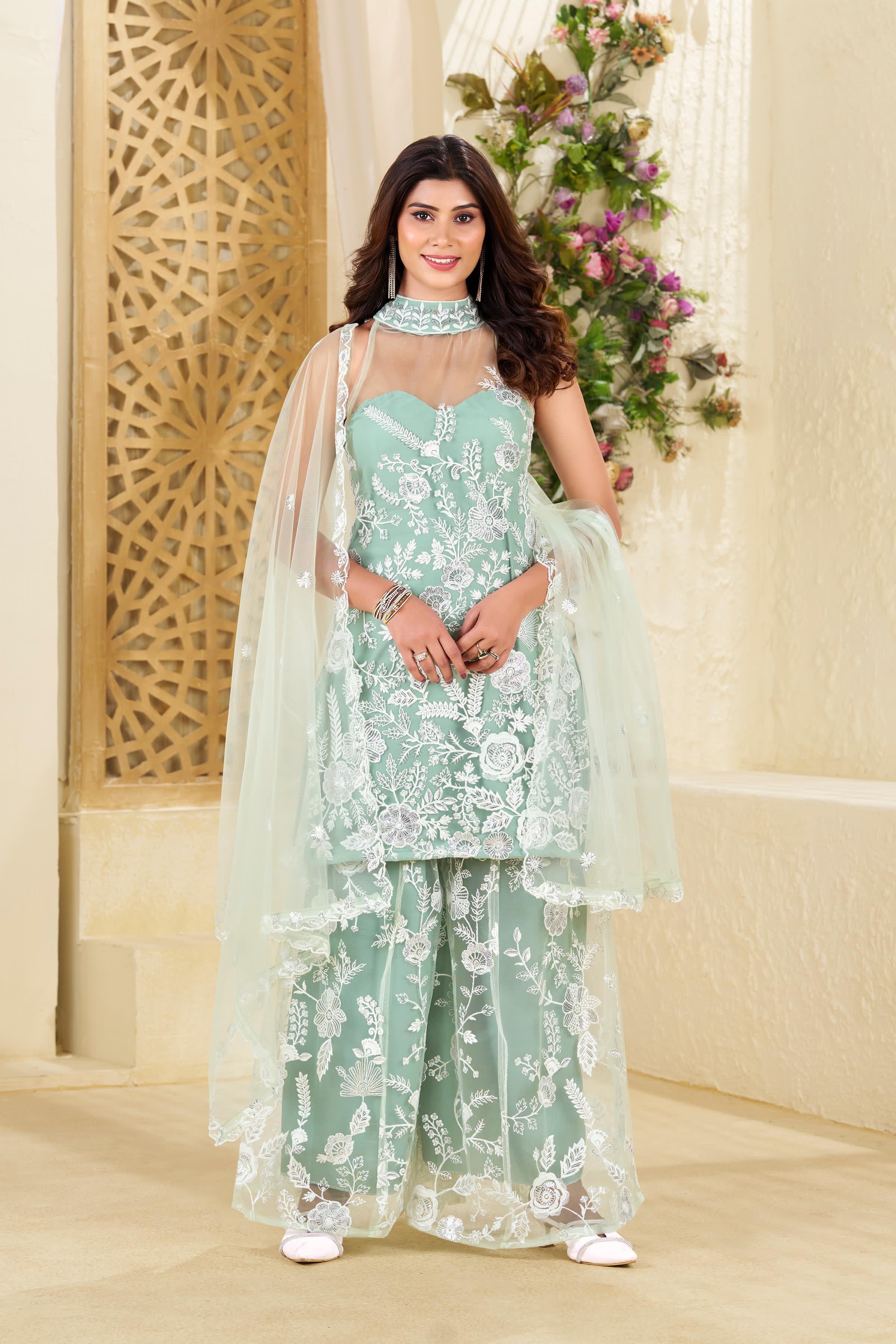 Butterfly Net Halter Neck Kurta Palazzo Set with Dupatta – Sequence Embroidery Work