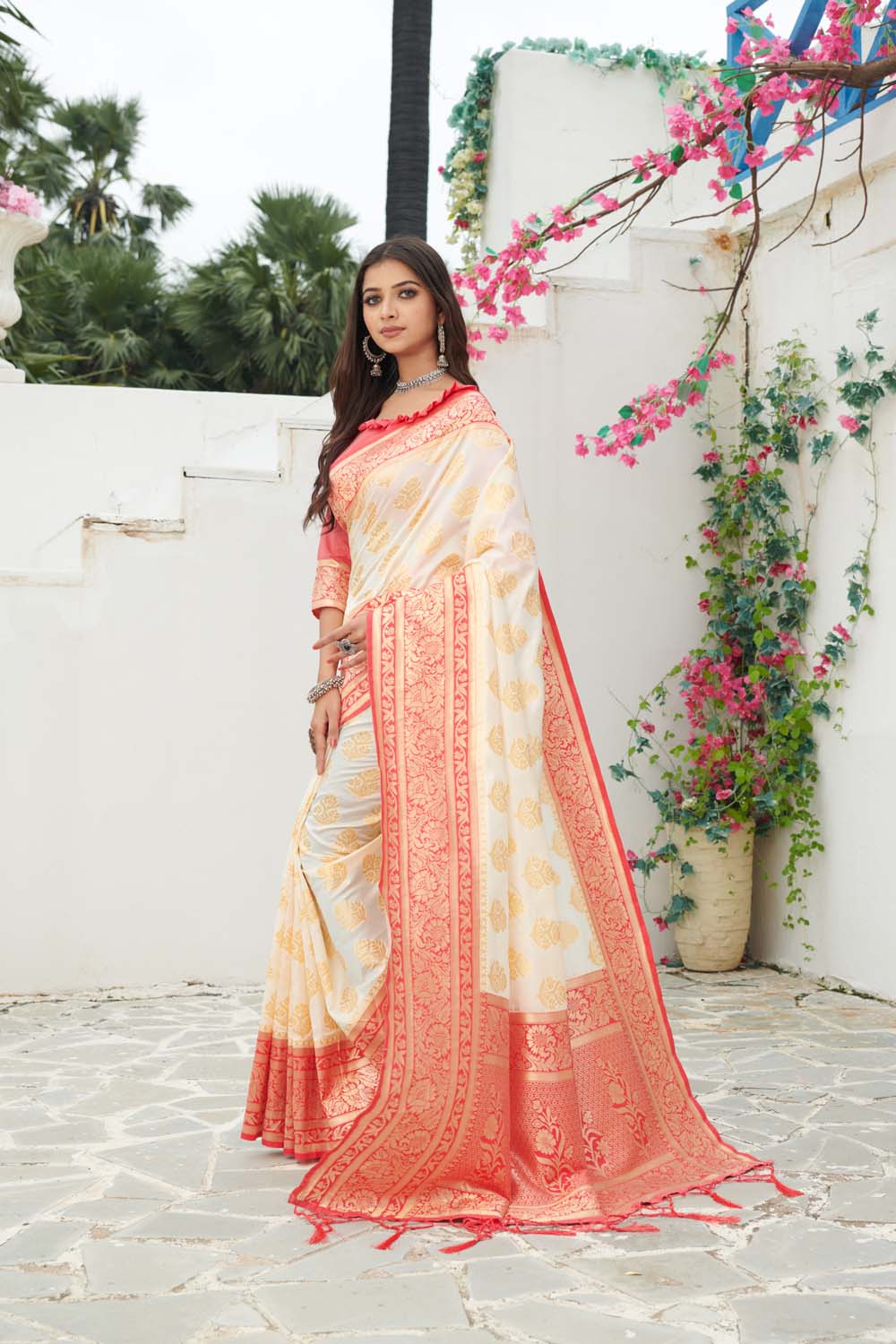 White and Red Zari Woven Banarasi Silk Saree