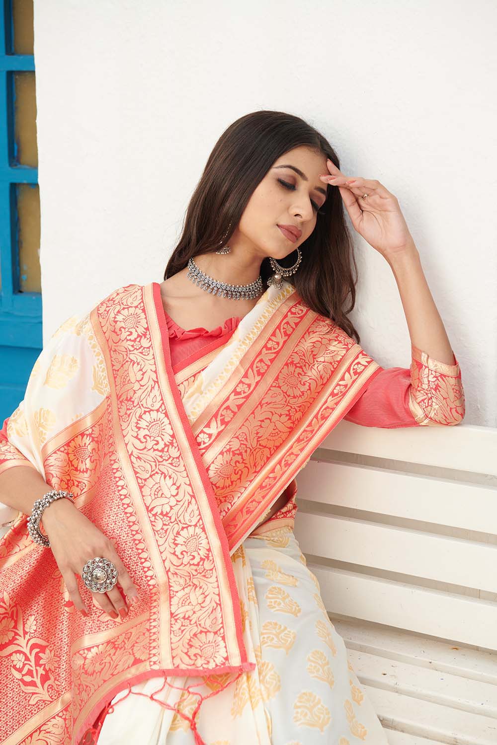 White and Red Zari Woven Banarasi Silk Saree