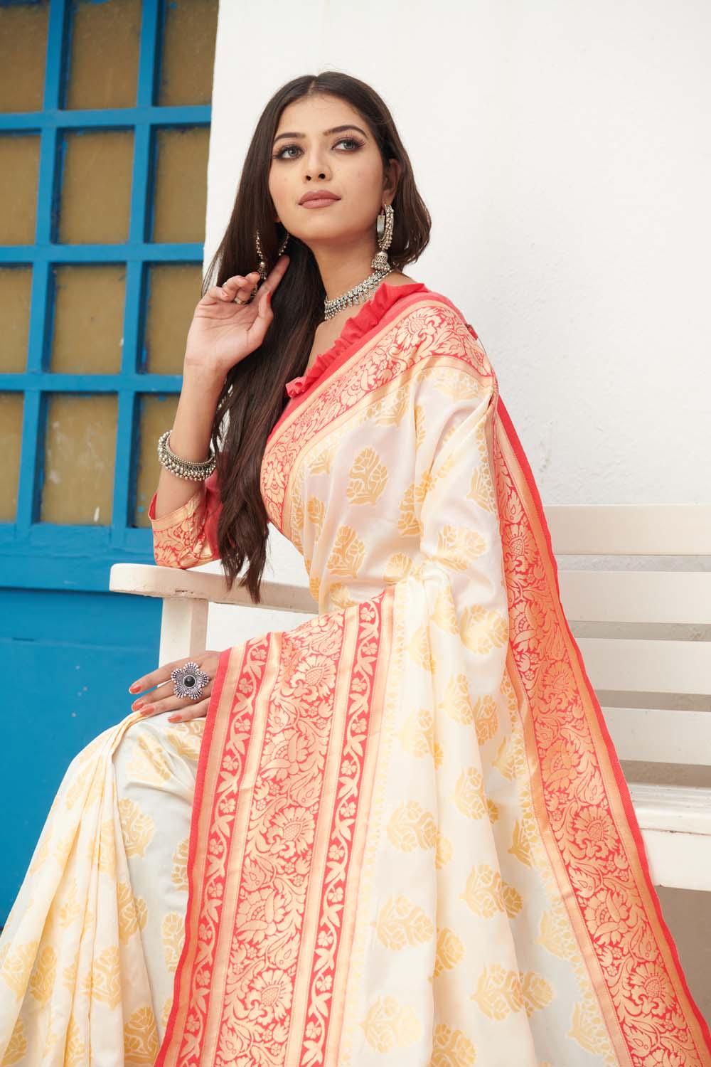 White and Red Zari Woven Banarasi Silk Saree
