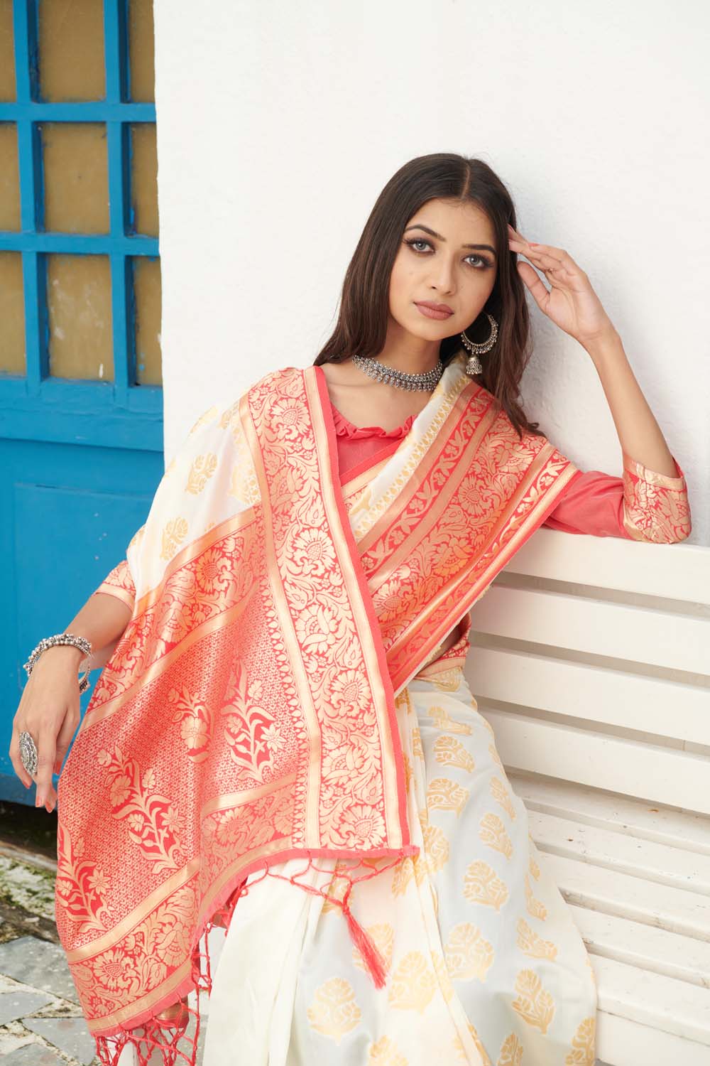White and Red Zari Woven Banarasi Silk Saree