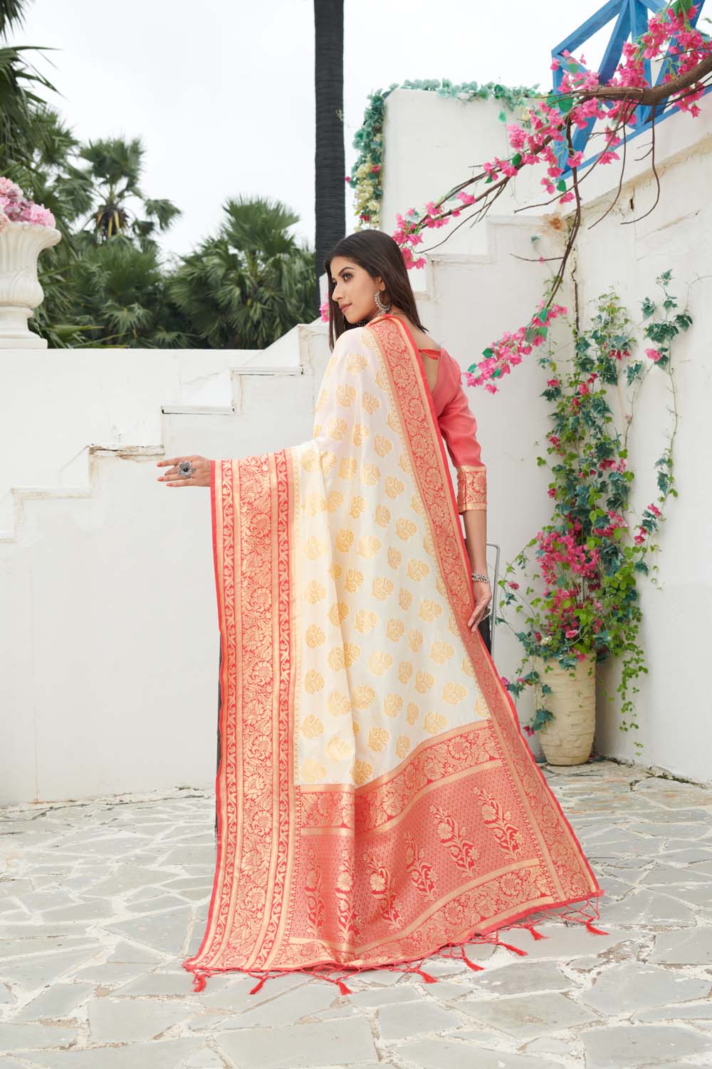 White and Red Zari Woven Banarasi Silk Saree