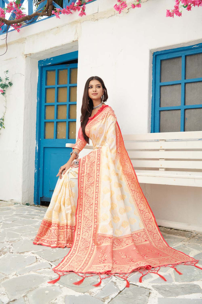 White and Red Zari Woven Banarasi Silk Saree