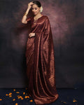 Woman in a maroon saree with intricate patterns against a dark background