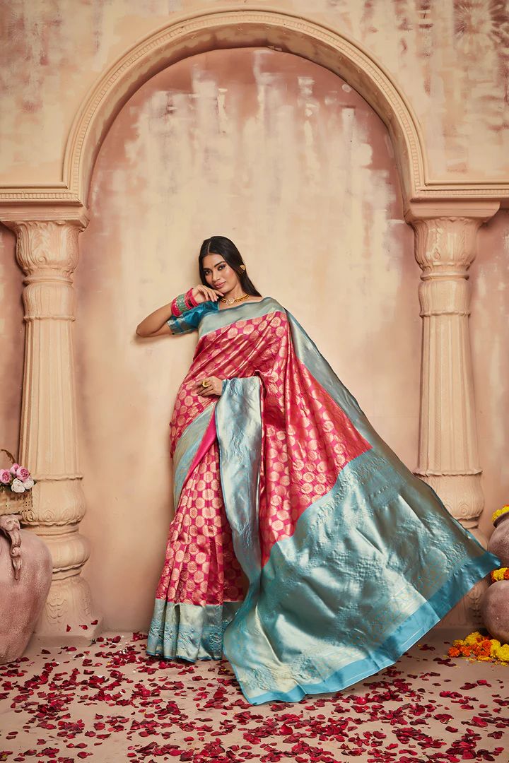 Woven Banarasi Pure Silk Saree  (Pink)