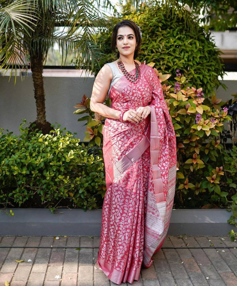 Woven Banarasi Silk Blend Saree (Pink)