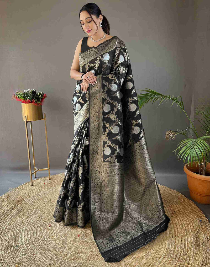 Woman wearing a black and gold saree with a patterned border, standing on a textured surface with plants in the background.