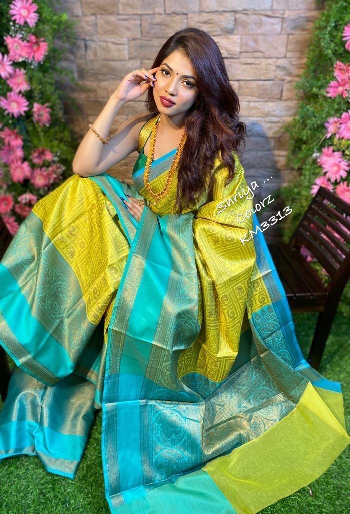 Woven Kanjivaram Art Silk Saree  (Yellow)