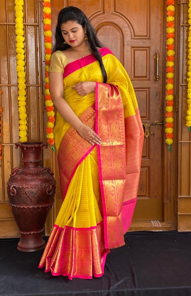 Woven Kanjivaram Jacquard, Pure Silk Saree  (Yellow)
